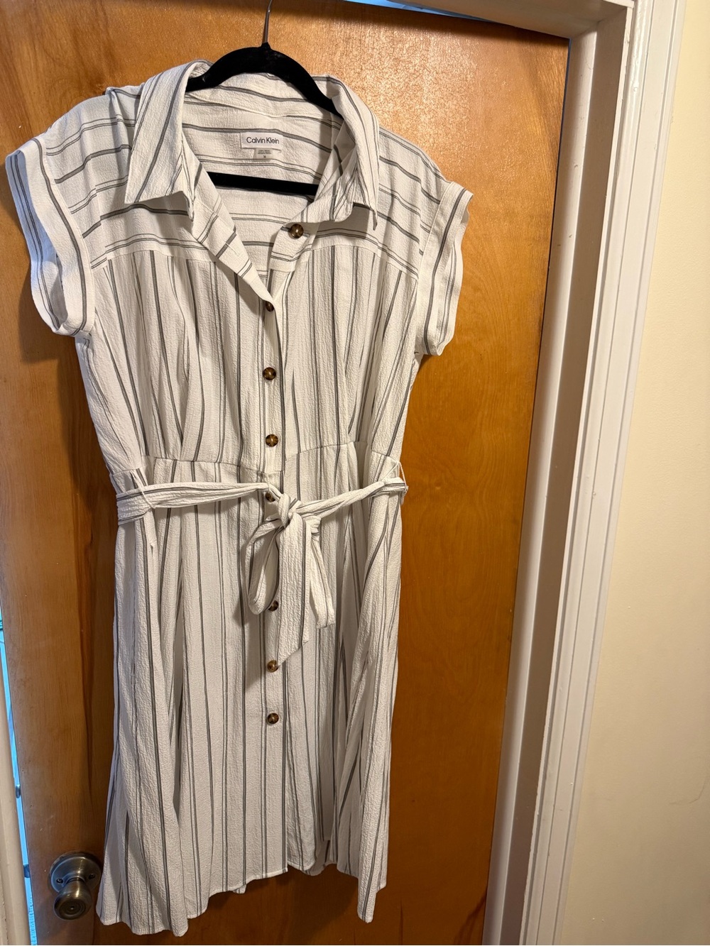 Calvin Klein White Dress with Thin Gray Stripes and Waist Tie